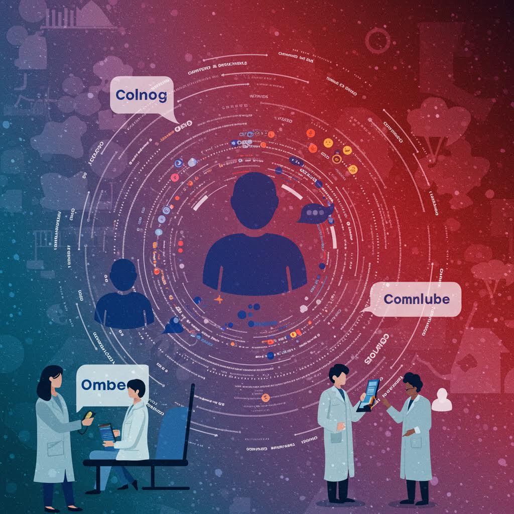연구원들이 디지털 데이터와 함께 협업하는 장면, 온카스터디의 AI 기반 데이터 커뮤니케이션 플랫폼을 활용한 협업 환경