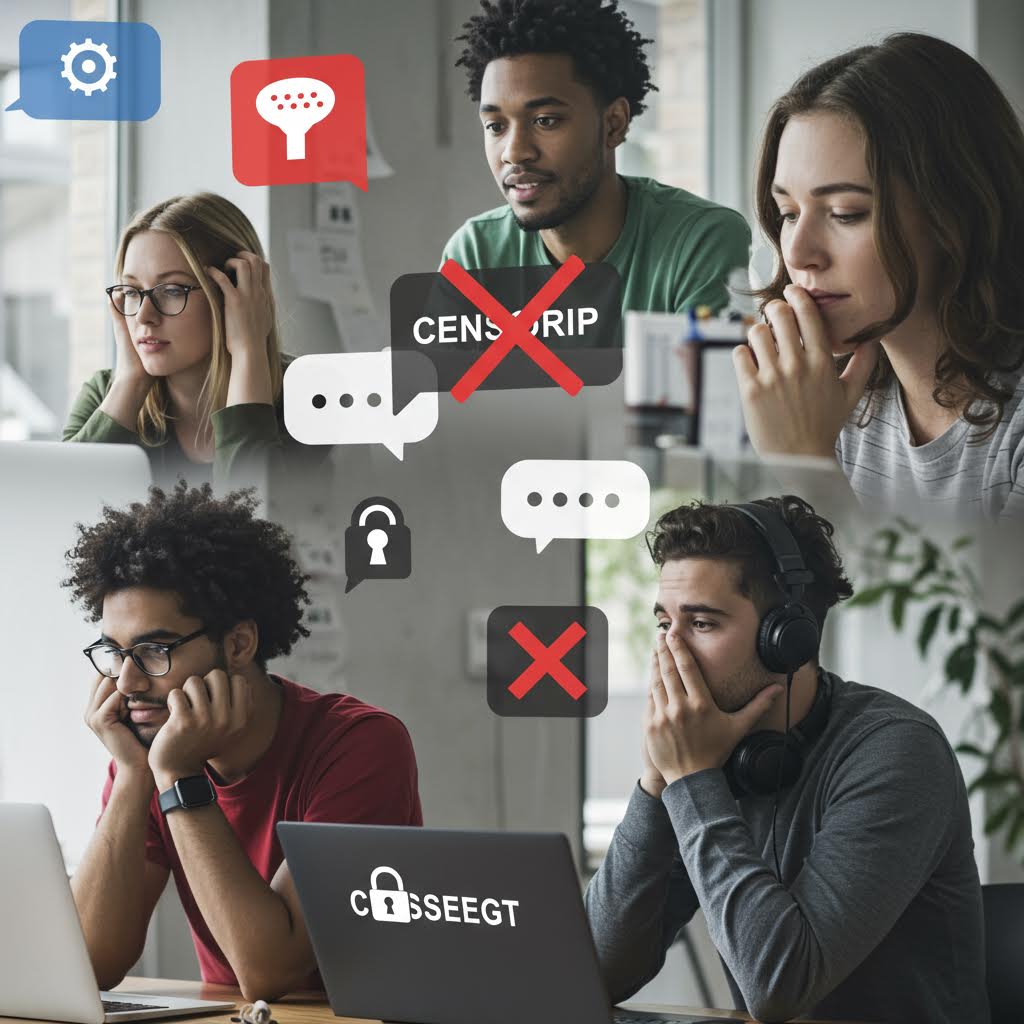 걱정스러운 표정의 5명 젊은이들, 'CENSORIP'·'X' 표시·자물쇠·필터 아이콘 떠 있고 노트북에 'C SSEEGT' 로고, 온라인 검열과 보안 문제 표현.