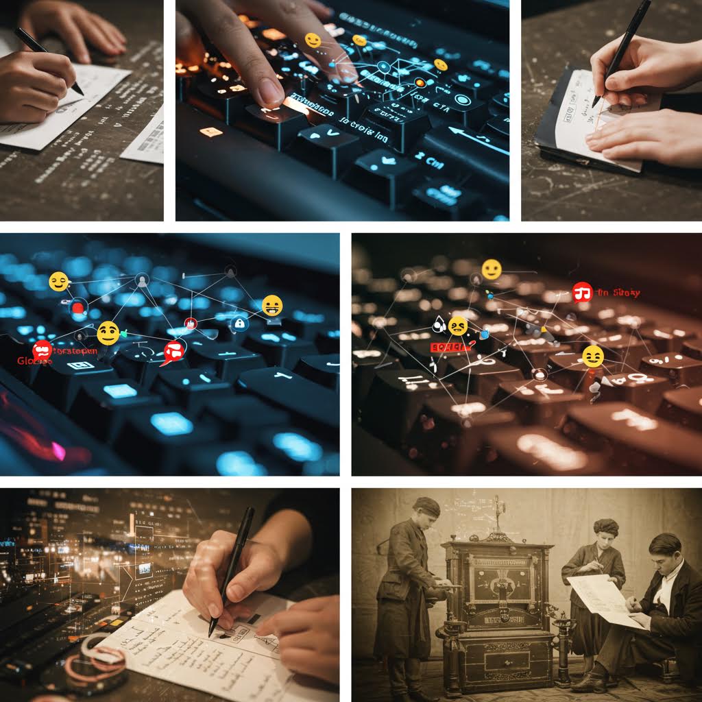 손글씨와 키보드 입력, 그리고 이모티콘 네트워크가 결합된 장면으로, 온카스터디의 감정 데이터 분석과 디지털 커뮤니케이션 연구를 상징한다.