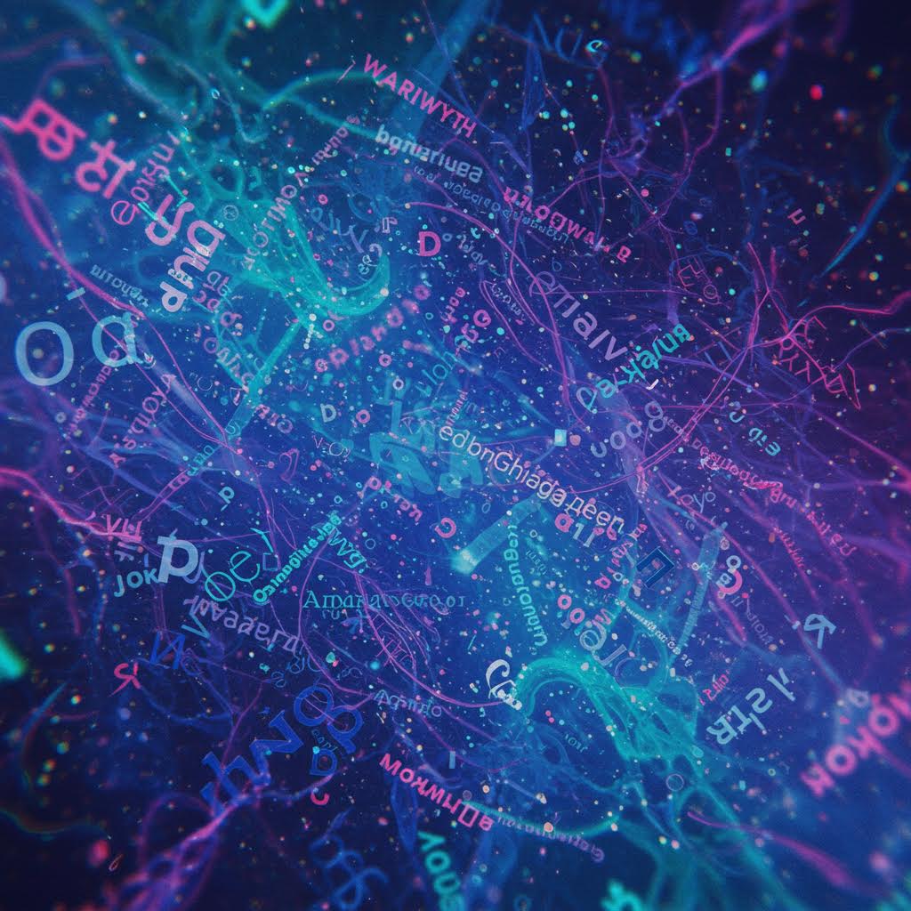 형형색색의 문자가 빛의 흐름 속을 떠돌며 언어와 데이터가 교차하는 디지털 의식의 장면