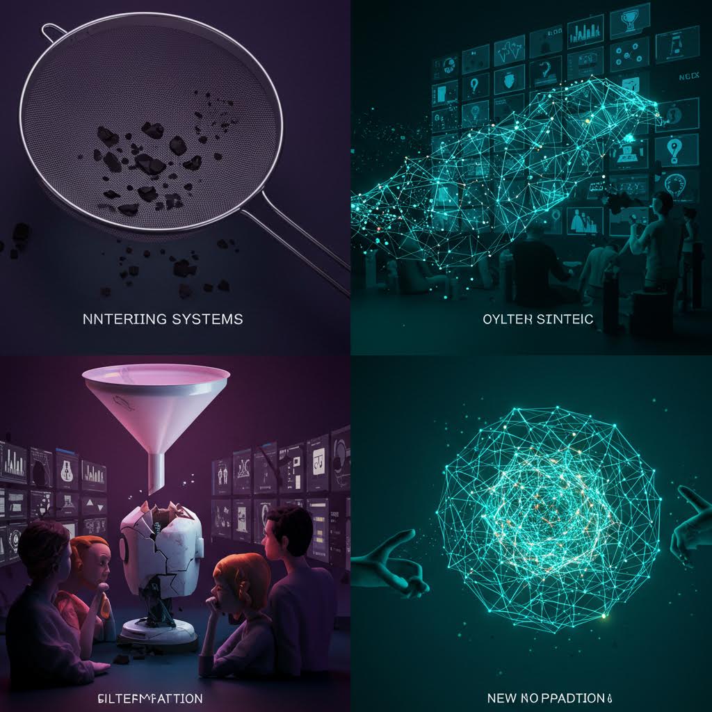 2x2 그리드로 구성된 데이터 과학 및 인공지능 컨셉 일러스트레이션. 필터링 시스템, AI 뇌 네트워크, 데이터 깔때기, 다면체 구조 등을 청록색과 보라색 톤으로 표현