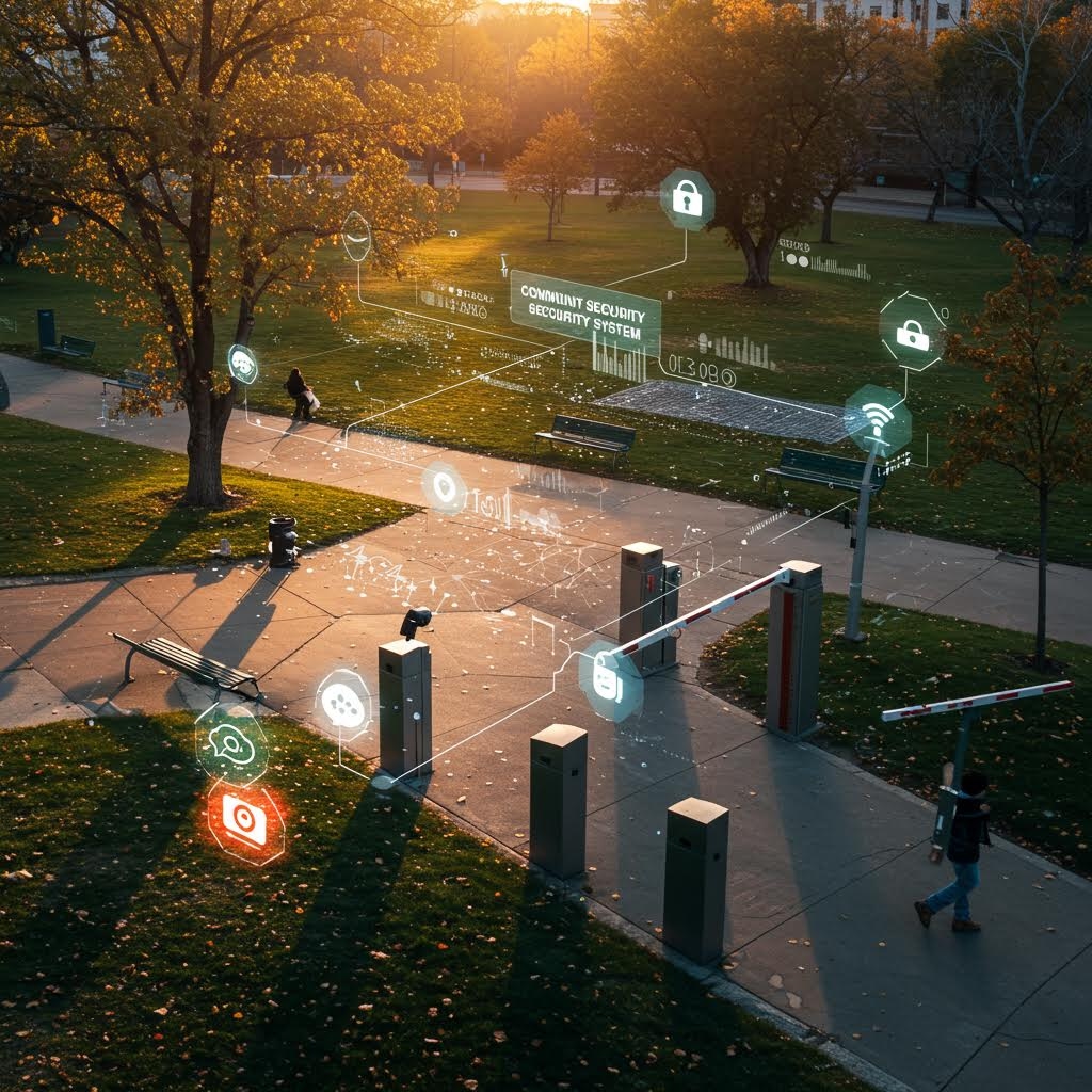 온카스터디 황금빛 일몰의 대학 캠퍼스 입구에 커뮤니티 보안 시스템 홀로그램 인터페이스와 WiFi, 보안, 알림 아이콘들이 떠 있는 스마트 캠퍼스 보안 시스템 시각화