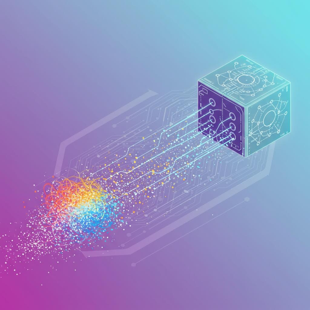 온카스터디 AI 데이터 처리 시각화 - 보라색에서 청록색으로 그라데이션된 배경에 투명한 3D 큐브에서 무지개색 입자들이 분출되며 회로 패턴과 함께 데이터 변환 과정을 표현한 추상적 기술 이미지