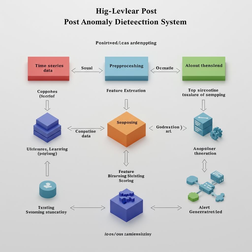 고수준 게시물 이상 탐지 시스템 - 시계열 데이터부터 전처리, 특징 추출, 센싱, 학습, 경고 생성까지의 프로세스를 3D 블록과 화살표로 연결한 데이터 흐름 다이어그램
