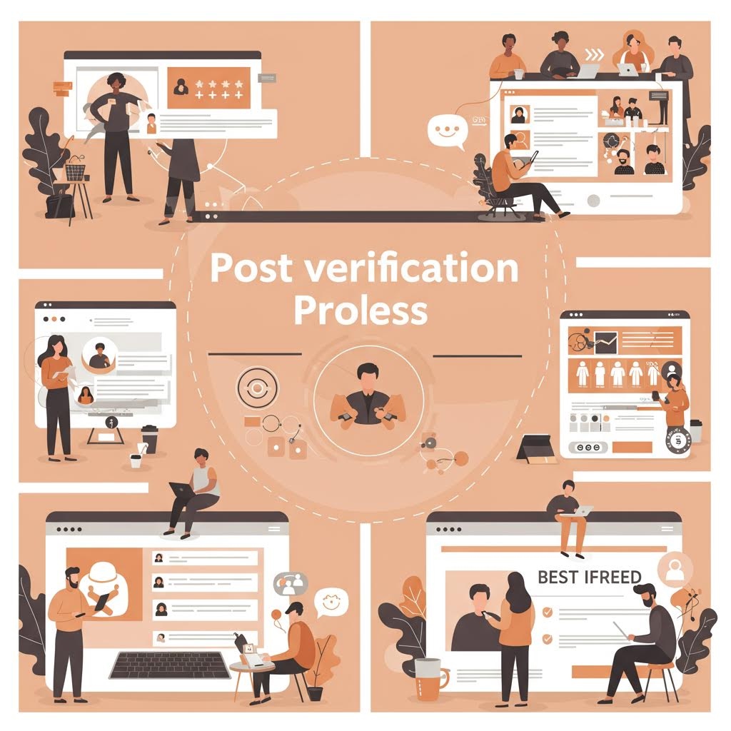 게시물 검증 프로세스 - 중앙의 검증자를 중심으로 비디오 검토, 그룹 논의, 프로필 확인, 데이터 분석, 협업 작업, 최종 승인 등 6개 장면이 원형으로 배치된 베이지색 톤의 인포그래픽