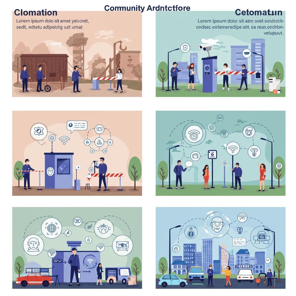 온카스터디 커뮤니티 아키텍처 - 산업 현장, 스마트 도시, 보안 시스템, IoT 네트워크, 응급 서비스, 도시 인프라 등 6개 장면으로 구성된 플랫 디자인 스타일의 스마트 커뮤니티 인포그래픽