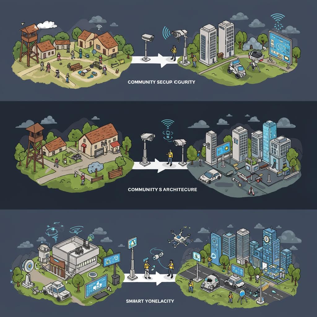 커뮤니티 보안에서 스마트 시티로의 진화 - 시골 마을에서 현대 도시로 발전하는 3단계 과정을 보여주는 어두운 회색 배경의 아이소메트릭 일러스트레이션