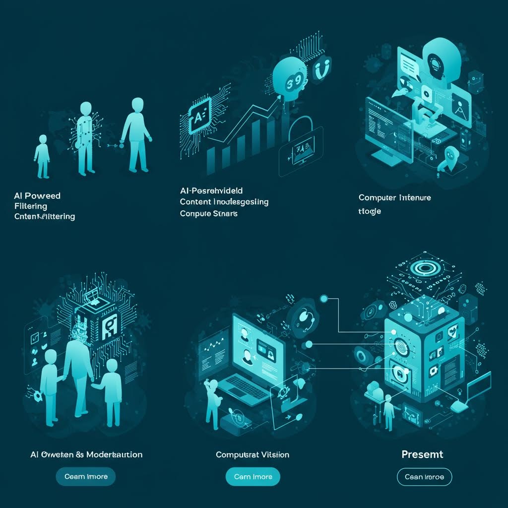온카스터디 AI 기반 콘텐츠 관리 시스템 - AI 필터링, 개인화된 콘텐츠 모더레이션, 컴퓨터 비전, 탐지 및 조정, 프레젠트 등 6개 기능을 보여주는 청록색 톤의 아이소메트릭 일러스트레이션