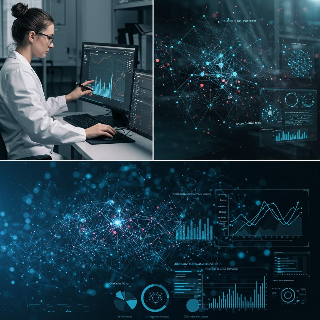 온카스터디 데이터 분석 작업 환경 - 랩 코트를 입은 연구원이 모니터에서 차트를 분석하는 모습과 청록색 입자 네트워크, 통계 대시보드가 결합된 3컷 구성의 빅데이터 시각화 이미지