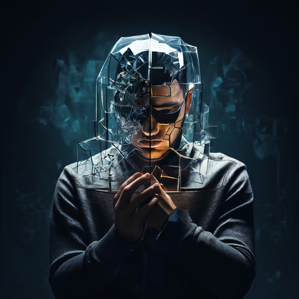 논리를 상징하는 가면을 쓴 인물이 감정적 고뇌를 겪는 얼굴 위로 유리처럼 투명하고 깨지기 쉬운 논리성의 성을 쌓고 있습니다.