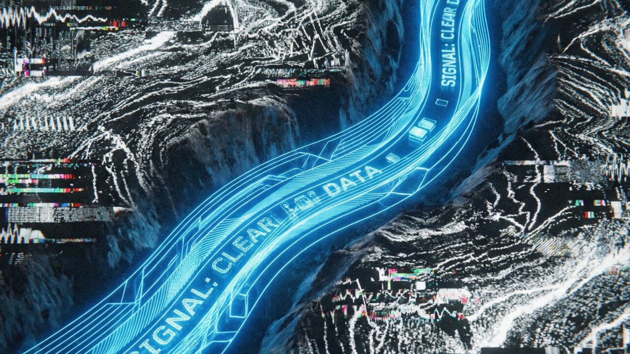 파란색 배경에 정돈된 파도 모양의 선과 무질서한 흰색 점들이 공존하며 신호와 잡음을 시각적으로 표현한