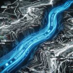 파란색 배경에 정돈된 파도 모양의 선과 무질서한 흰색 점들이 공존하며 신호와 잡음을 시각적으로 표현한