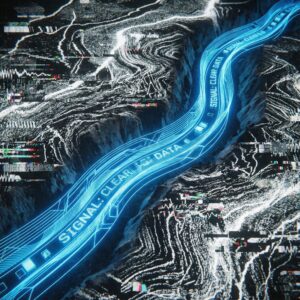 파란색 배경에 정돈된 파도 모양의 선과 무질서한 흰색 점들이 공존하며 신호와 잡음을 시각적으로 표현한