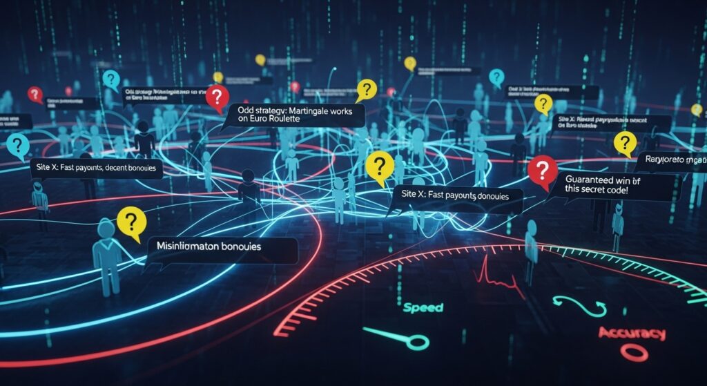 잘못된 정보, 보너스 및 보장된 승리 주장이 표시된 마커가 있는 미래형 디지털 네트워크 - 온라인 도박 생태계의 잘못된 정보 확산 시각화