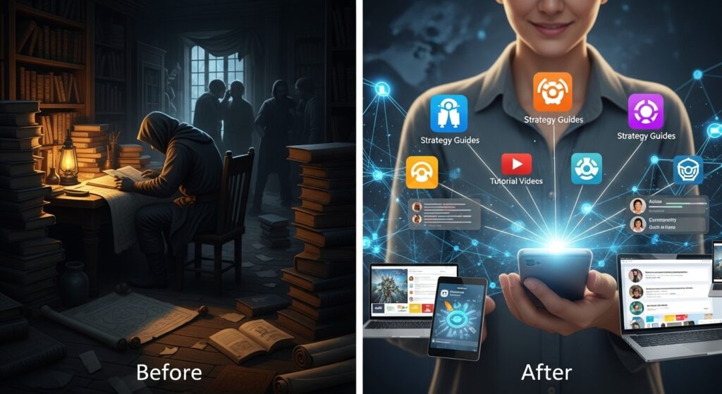 전후 비교 - 램프로 어두운 도서관에서 연구하는 사람들에서 전략 가이드, 튜토리얼 비디오 및 커뮤니티 참여를 갖춘 현대 디지털 도박 플랫폼
