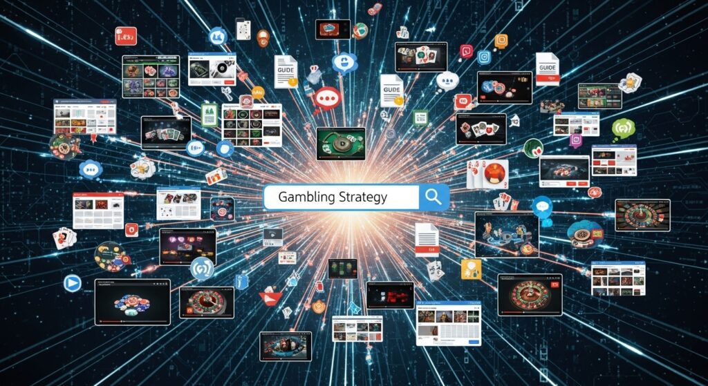 중앙의 검색창을 중심으로 수많은 화면 조각과 아이콘이 빛을 따라 사방으로 흩어지며 정보가 폭발적으로 퍼지는 장면