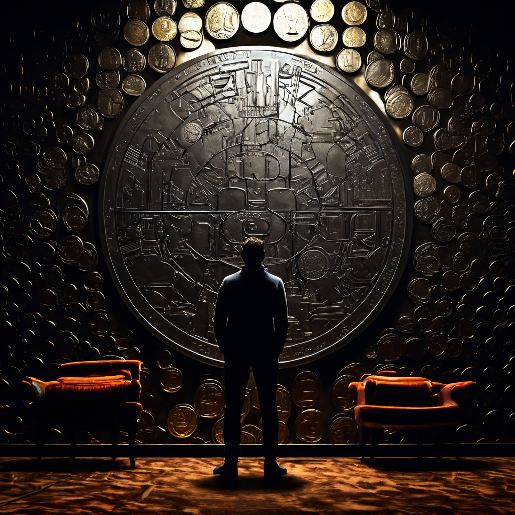 한 사람이 거대한 동전을 응시하며 그 표면에 얼굴이 비치고, 주변 벽지와 가구에는 희미한 동전 모양이 스며들어 있다.