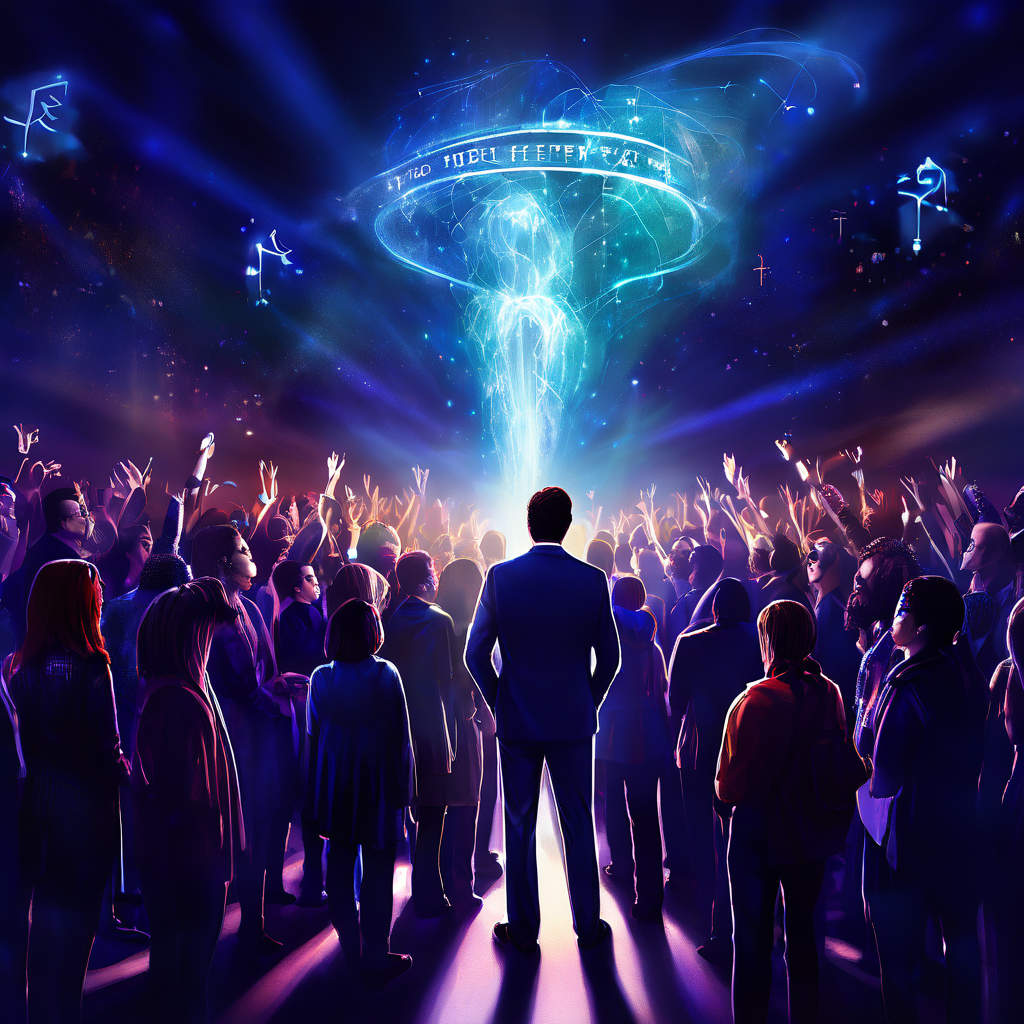 빛나는 권위적인 인물이 지시하는 전문가 추천 경로를 다양한 군중이 집중하여 바라보는 모습이다.