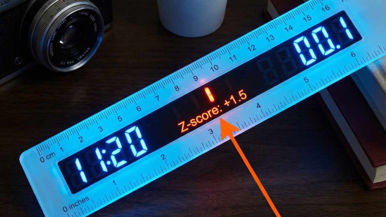 빛나는 자의 눈금이 다양한 물체를 측정하며 중앙 화살표가 특정 Z-점수 값을 가리키는 모습이다.