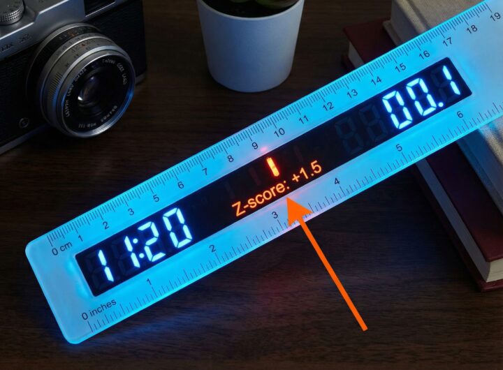 빛나는 자의 눈금이 다양한 물체를 측정하며 중앙 화살표가 특정 Z-점수 값을 가리키는 모습이다.
