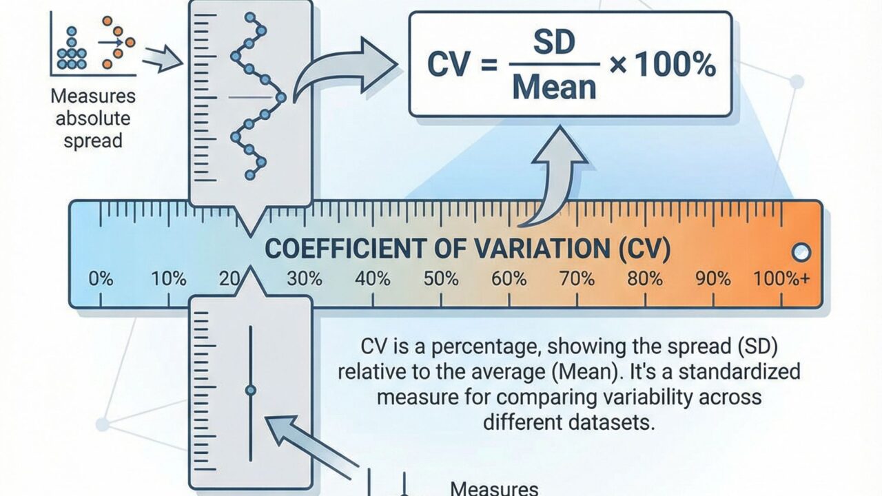 파란색과 흰색 배경에 표준편차와 평균을 눈금으로 비교하며 데이터 분포를 설명하는 단순한 인포그래픽이다.
