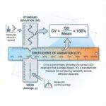파란색과 흰색 배경에 표준편차와 평균을 눈금으로 비교하며 데이터 분포를 설명하는 단순한 인포그래픽이다.