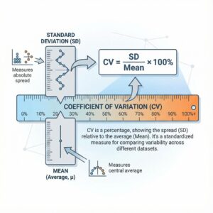 파란색과 흰색 배경에 표준편차와 평균을 눈금으로 비교하며 데이터 분포를 설명하는 단순한 인포그래픽이다.