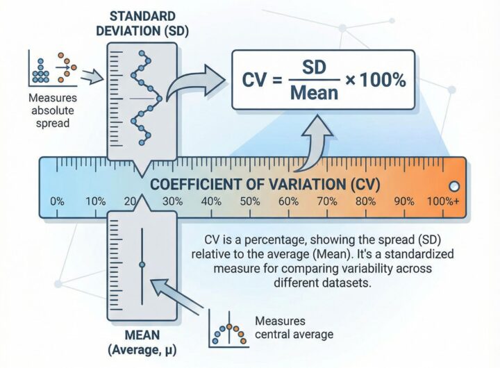 파란색과 흰색 배경에 표준편차와 평균을 눈금으로 비교하며 데이터 분포를 설명하는 단순한 인포그래픽이다.