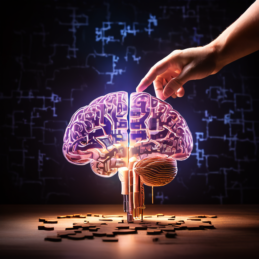 마지막 퍼즐 조각을 맞추는 손이 완성된 뇌 이미지를 드러내며, 정신적 안정을 상징하는 모습이다.