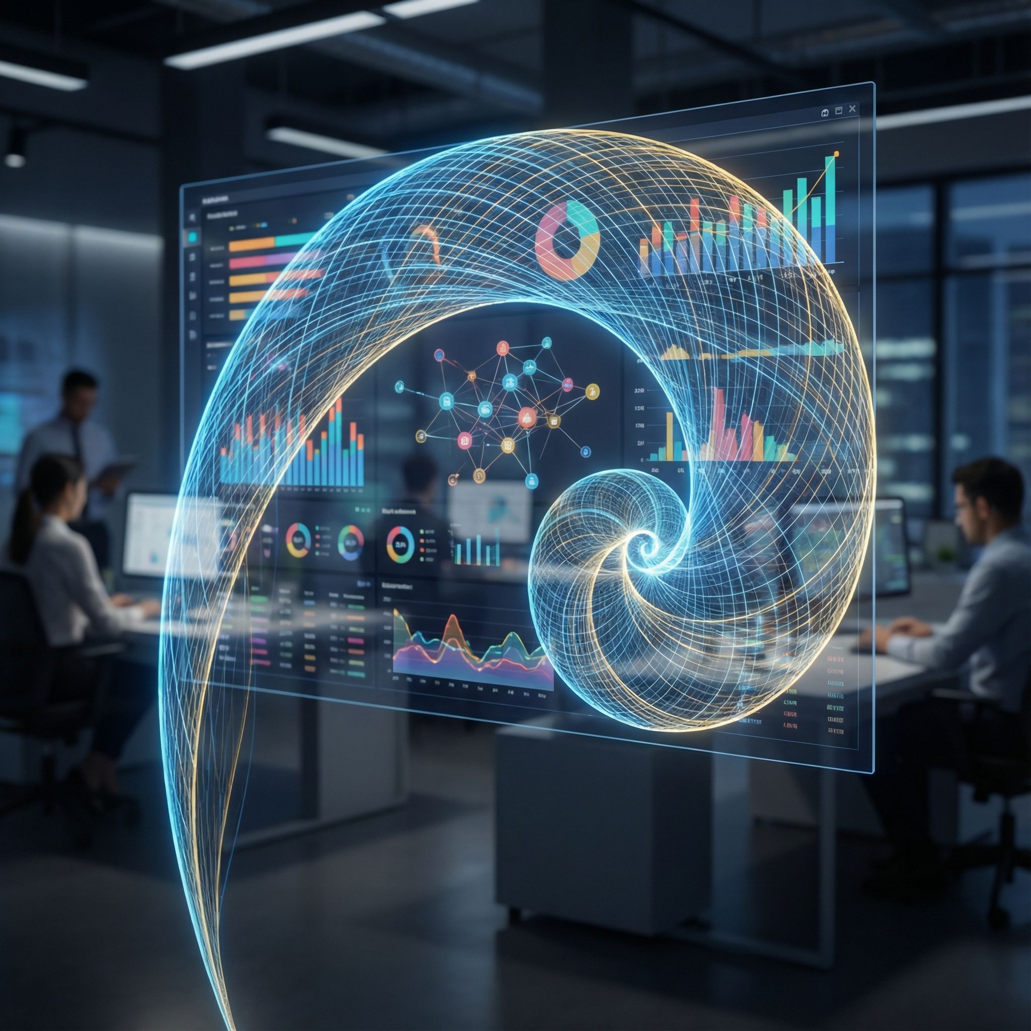 빛나는 복잡한 로그 곡선이 생동감 넘치는 데이터 시각화 위에 겹쳐져, 수학적 우아함과 분석적 통찰이