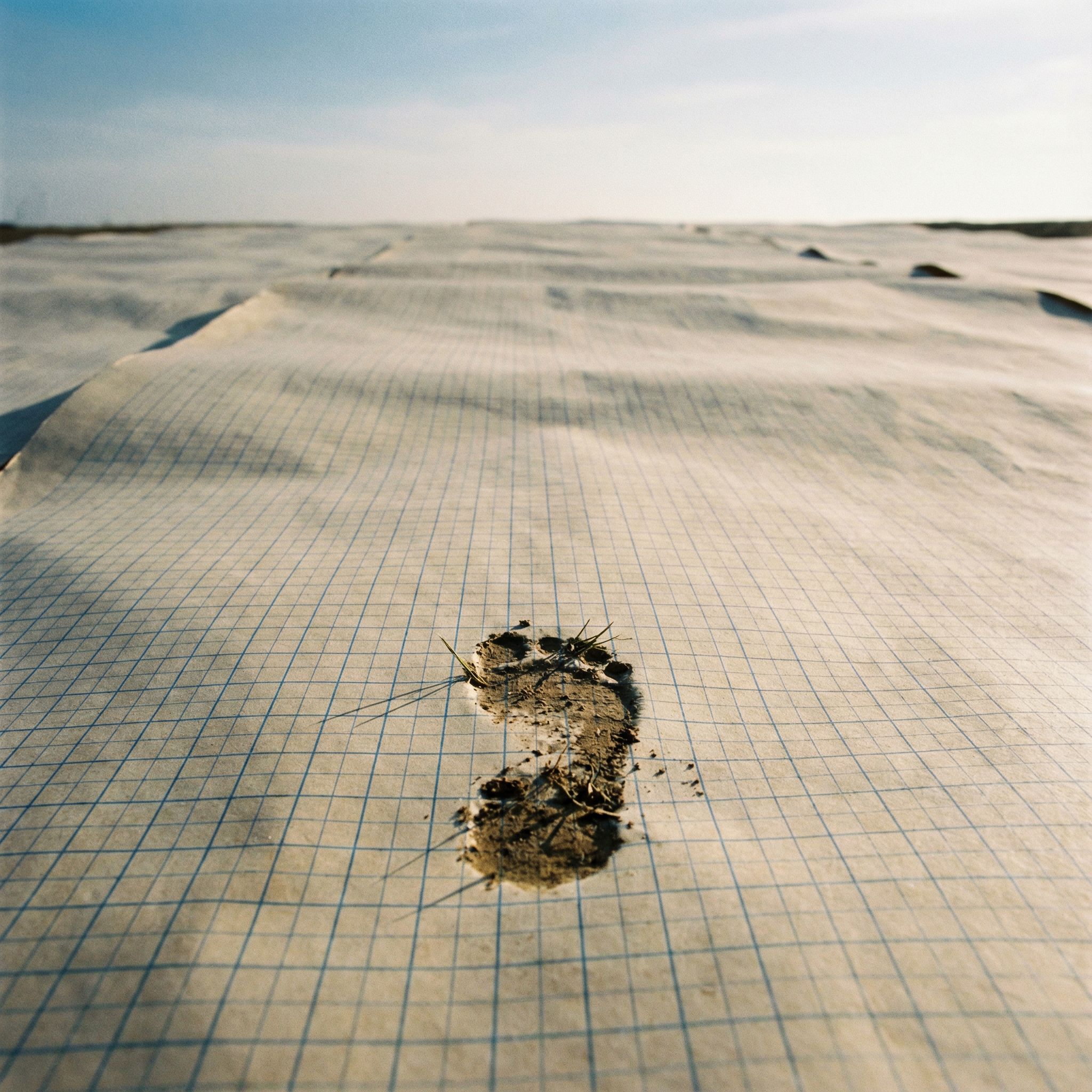 거대한 모눈종이 위에 선명한 발자국 하나가 찍혀 있고, 격자선은 멀리까지 이어져 있습니다.