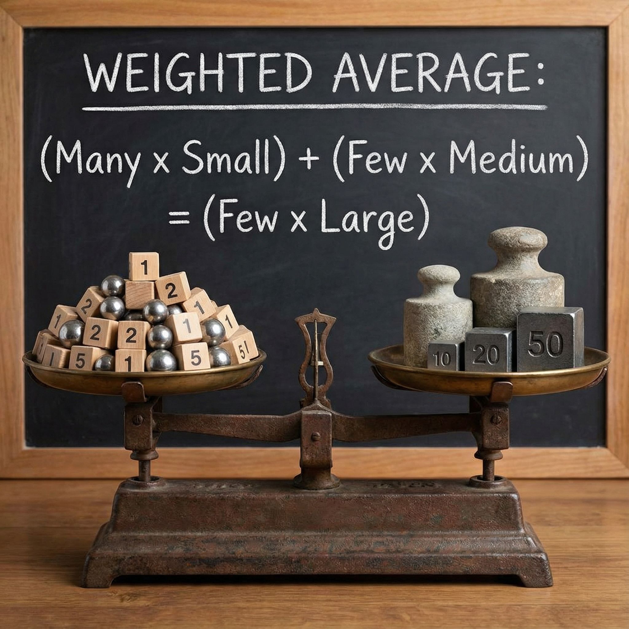 한쪽에 더 많은 물체가 올려진 저울이 균형을 이루며 가중 평균의 원리를 시각적으로 보여주는 모습이다.