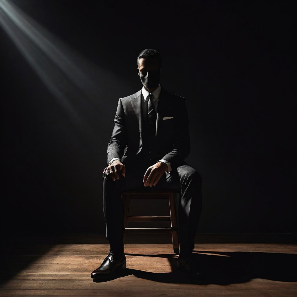 정장 소매를 입은 손이 단순한 나무 의자를 위압적으로 가리키고, 그 긴 그림자에 작은 무표정 인형이 압도당하는 모습이다.