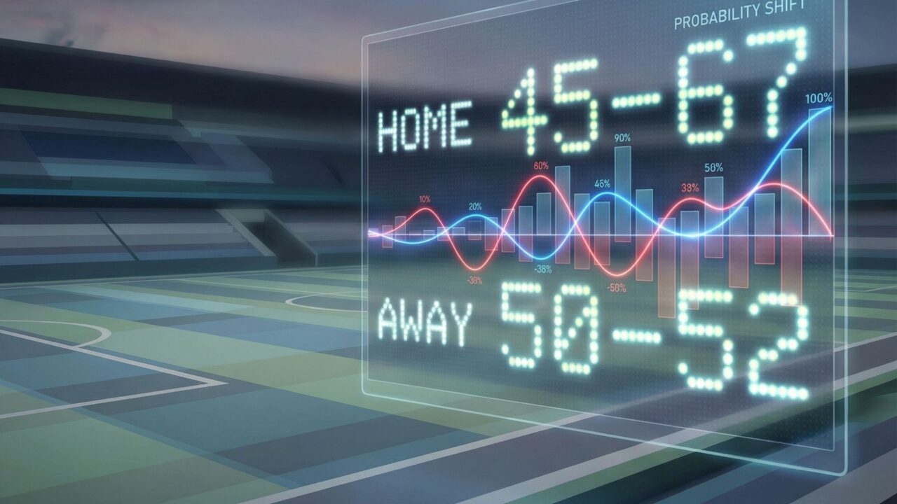 변화하는 확률 그래프가 겹쳐진 추상적인 경기장에 숫자가 오르내리는 점수판이 보입니다.