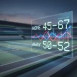 변화하는 확률 그래프가 겹쳐진 추상적인 경기장에 숫자가 오르내리는 점수판이 보입니다.