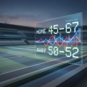 변화하는 확률 그래프가 겹쳐진 추상적인 경기장에 숫자가 오르내리는 점수판이 보입니다.