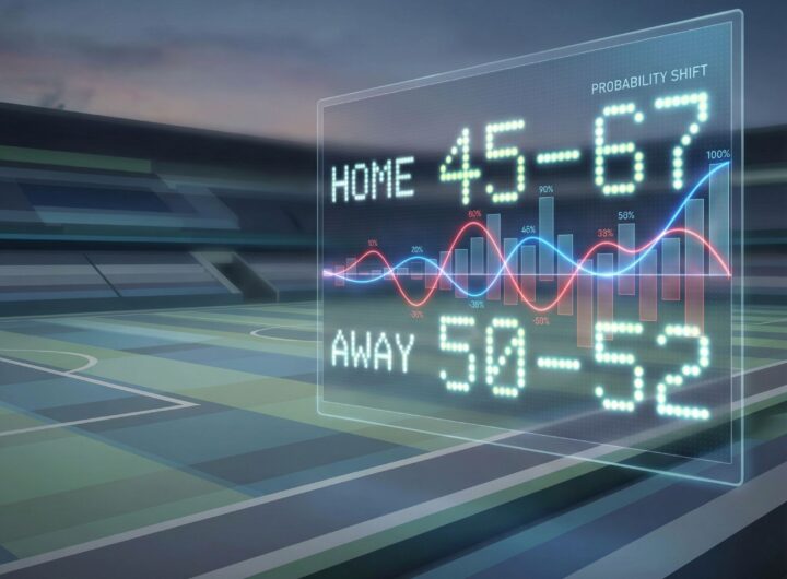 변화하는 확률 그래프가 겹쳐진 추상적인 경기장에 숫자가 오르내리는 점수판이 보입니다.
