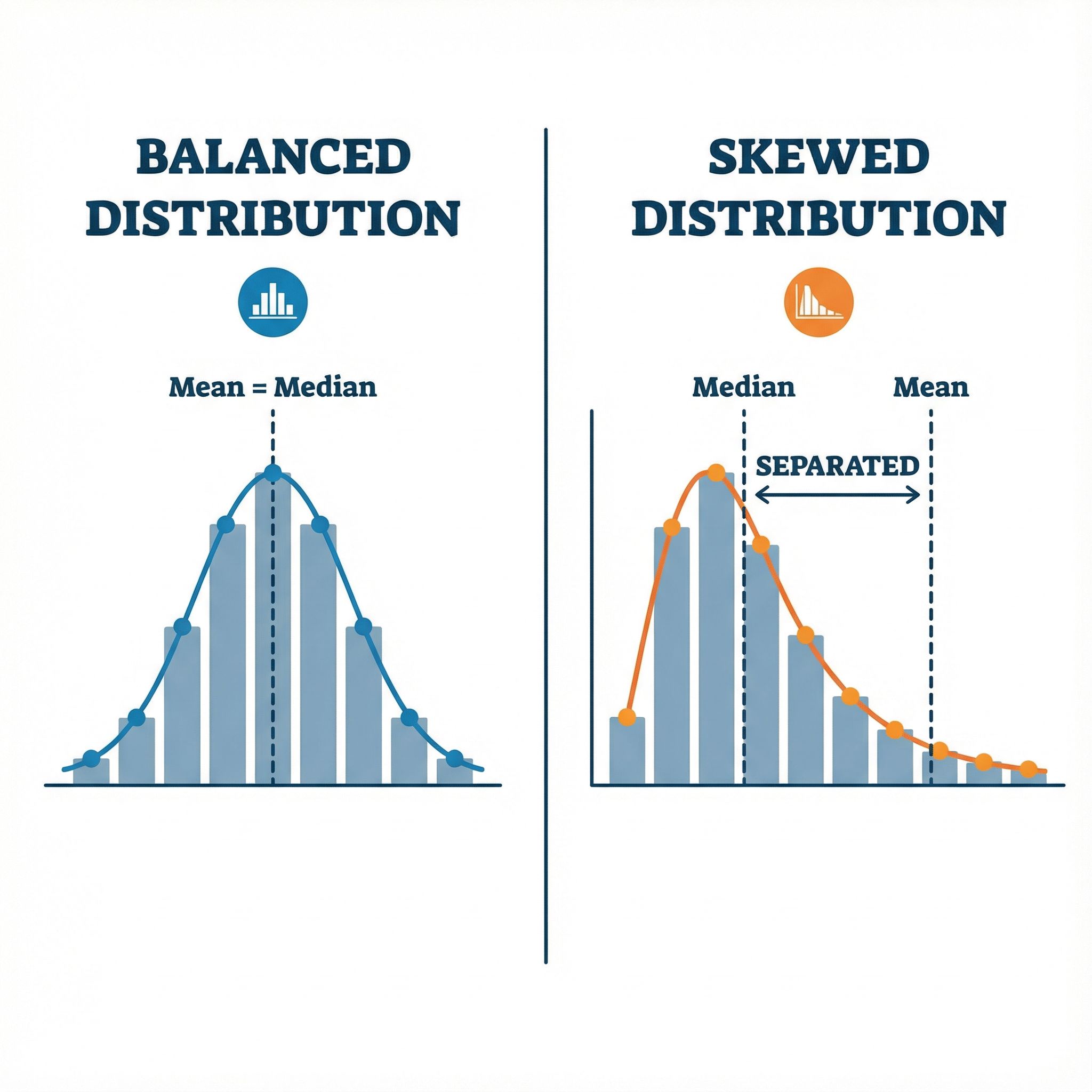 중앙이 대칭인 분포와 한쪽으로 치우친 분포를 나란히 배치해 평균과 중간값의 차이를 시각화한 비교 장면